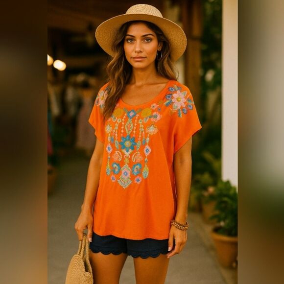 NWT Solitaire Orange Embroidered Boho Blouse L Festival Floral Artisan Peasant - Picture 1 of 8